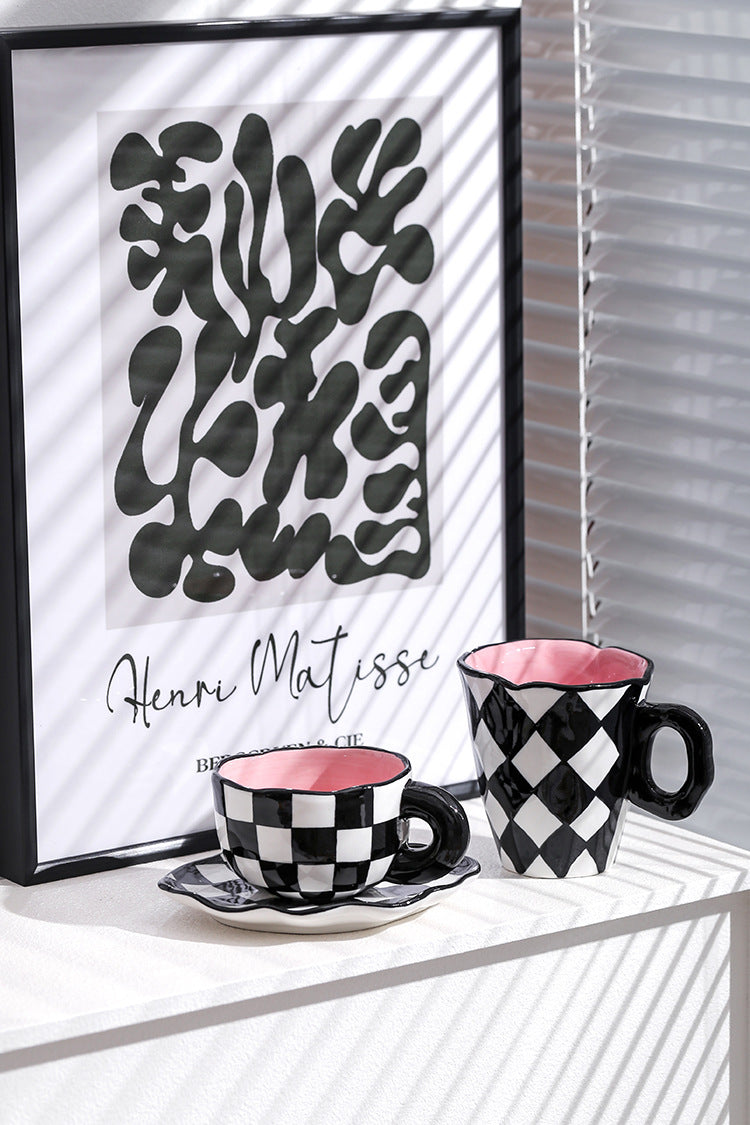 Colorful teatime mug, cup and saucer - black and white plaid