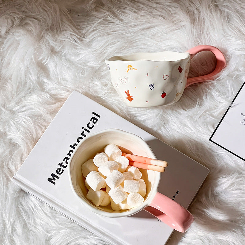 Cute Illustrated Ceramic Coffee Cups - fruits rabbit with marshmallows