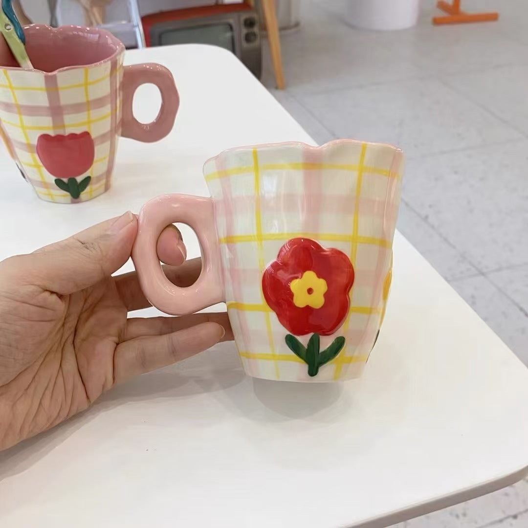 Everyday joy ceramic mug - pink sunflower plaid