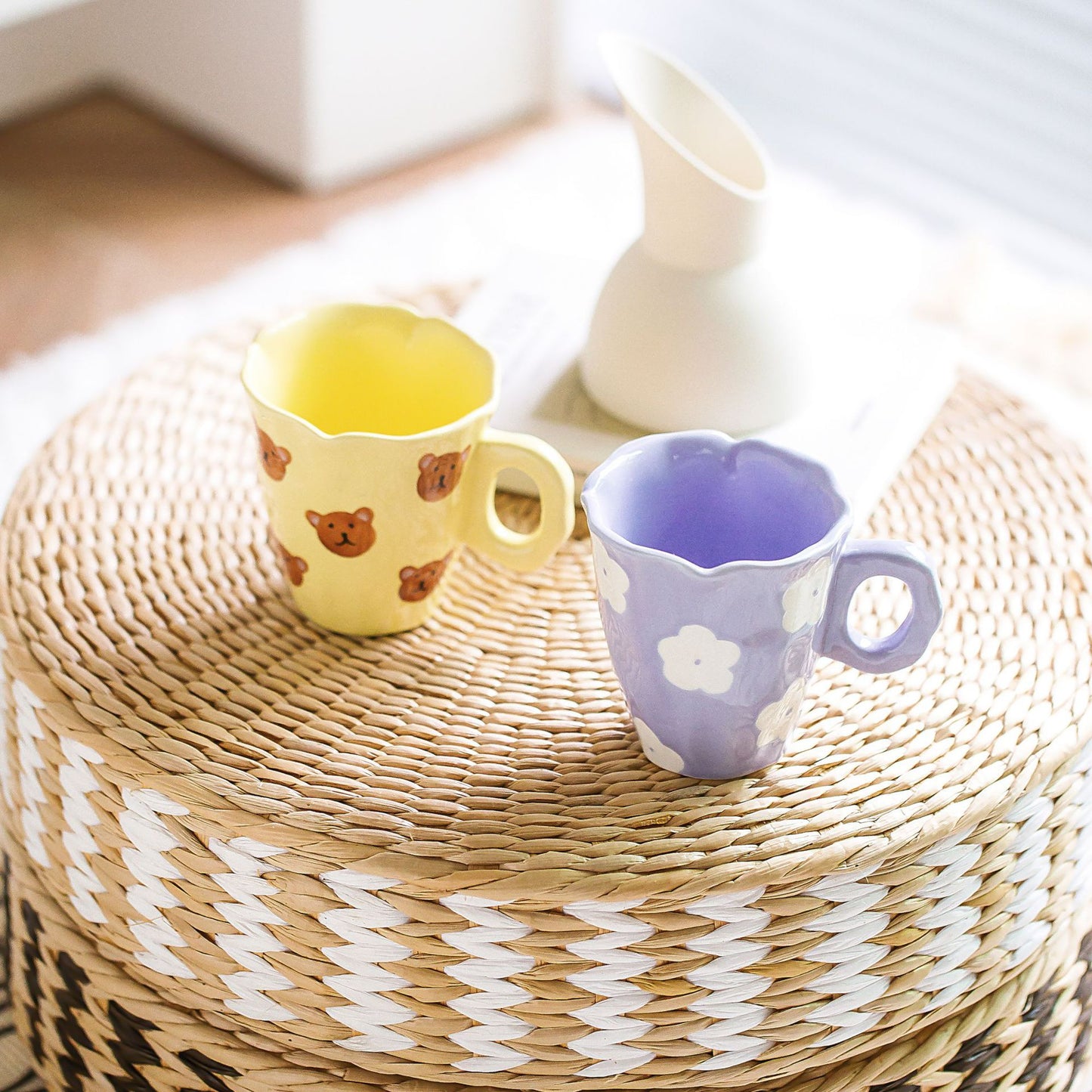 Everyday joy ceramic mug-yellow bear and purple flower