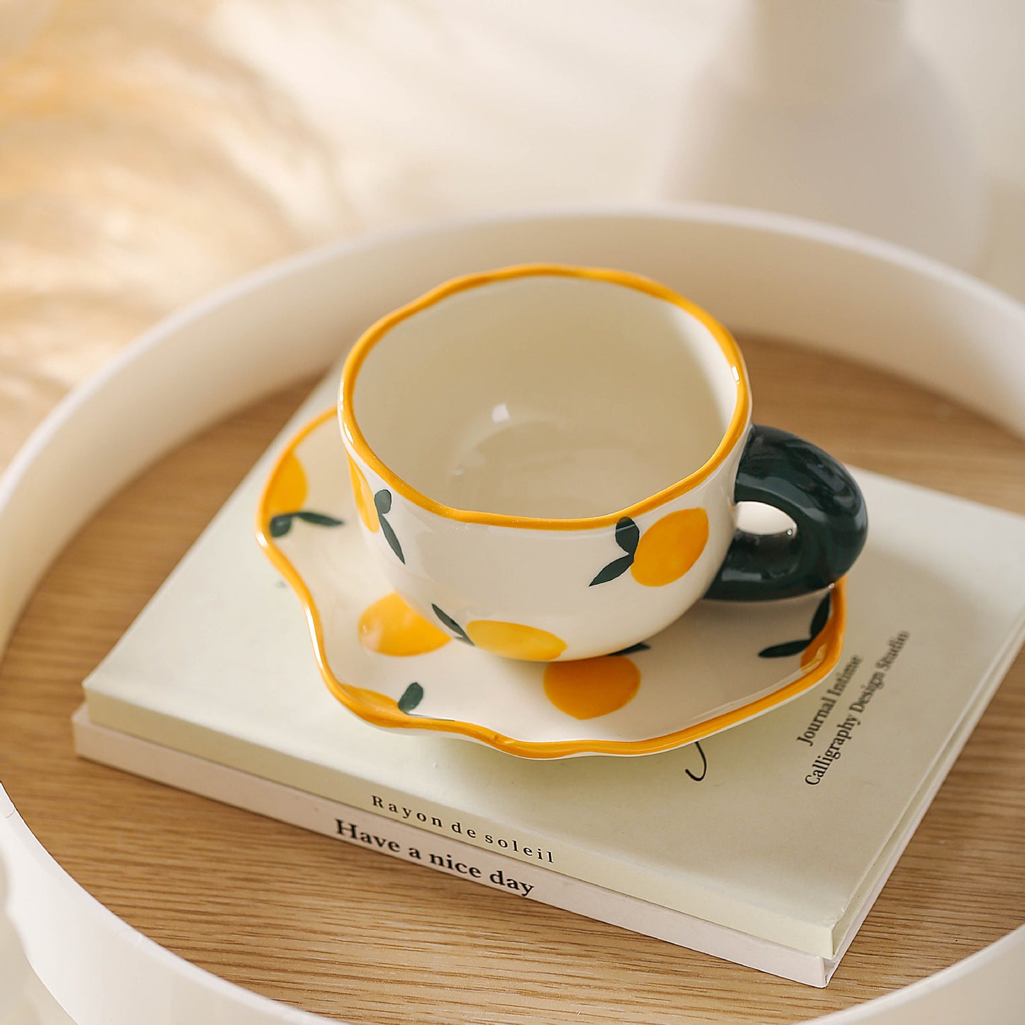Colorful teatime cup and saucer - lemon