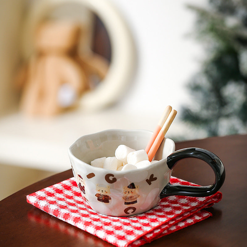 Cute Illustrated Ceramic Coffee Cups - grey bear with marshmallows