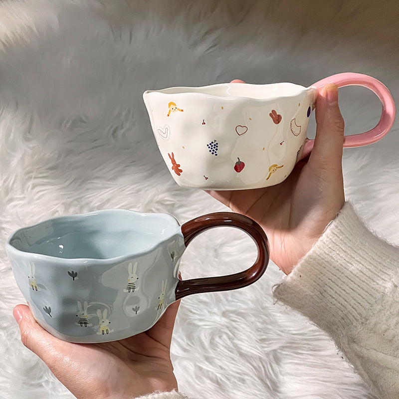 Cute Illustrated Ceramic Coffee Cups - side view of blue and white