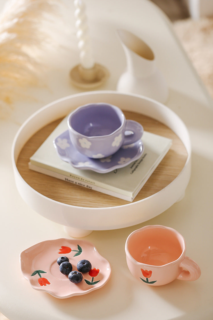 Colorful teatime cup and saucer - purple flower and pink tulips