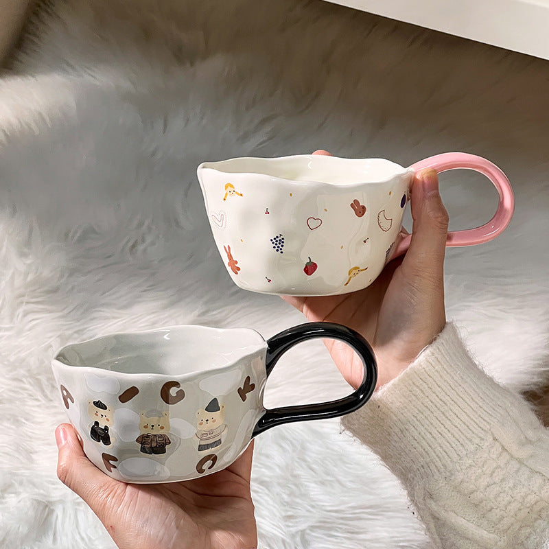 Cute Illustrated Ceramic Coffee Cups - sideview of grey and white