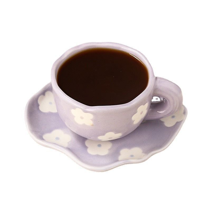 Colorful teatime cup and saucer - purple flower