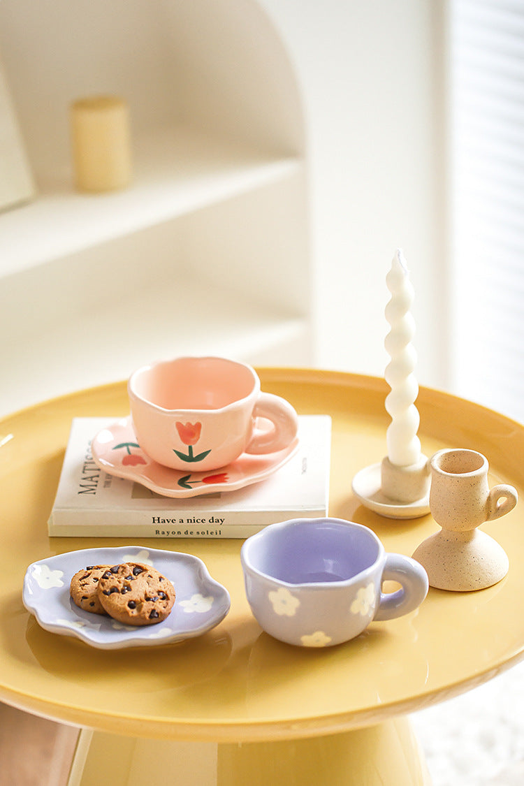 Colorful teatime cup and saucer - pink and purple