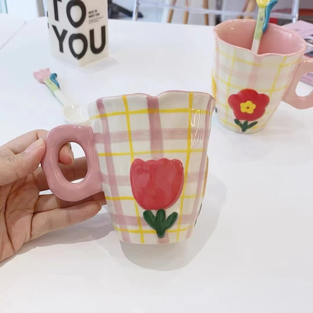Everyday joy ceramic mug - pink tulip plaid