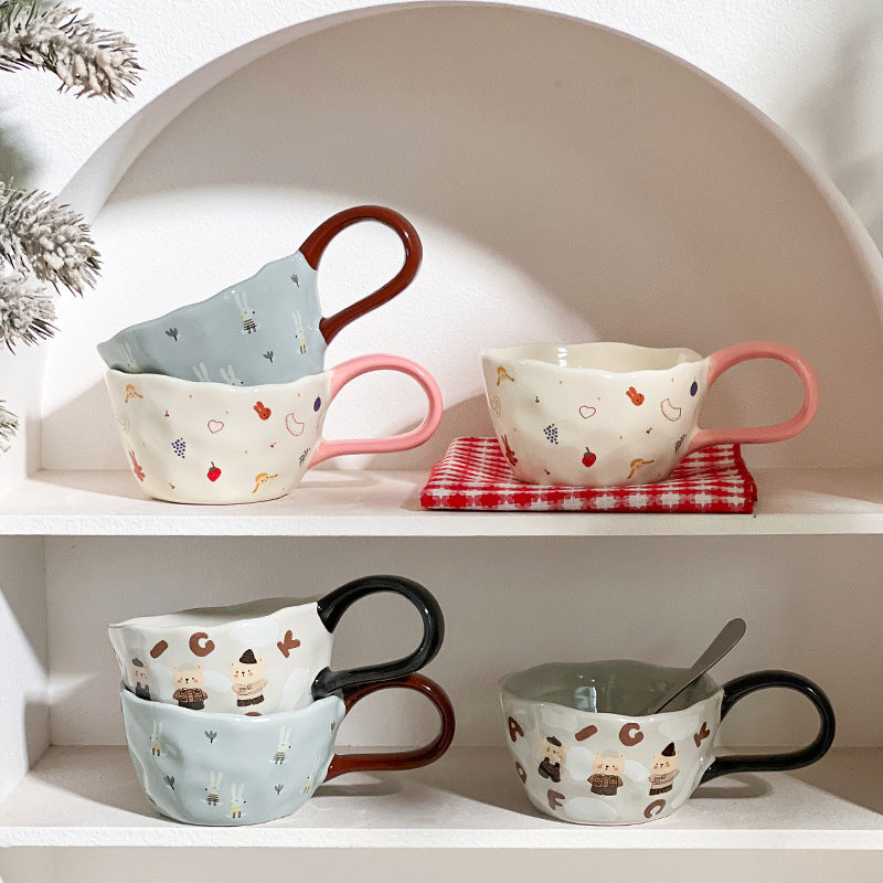 Cute Illustrated Ceramic Coffee Cups side view
