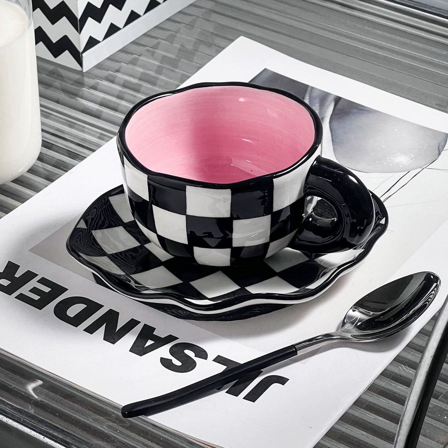 Colorful teatime cup and saucer - black and white plaid