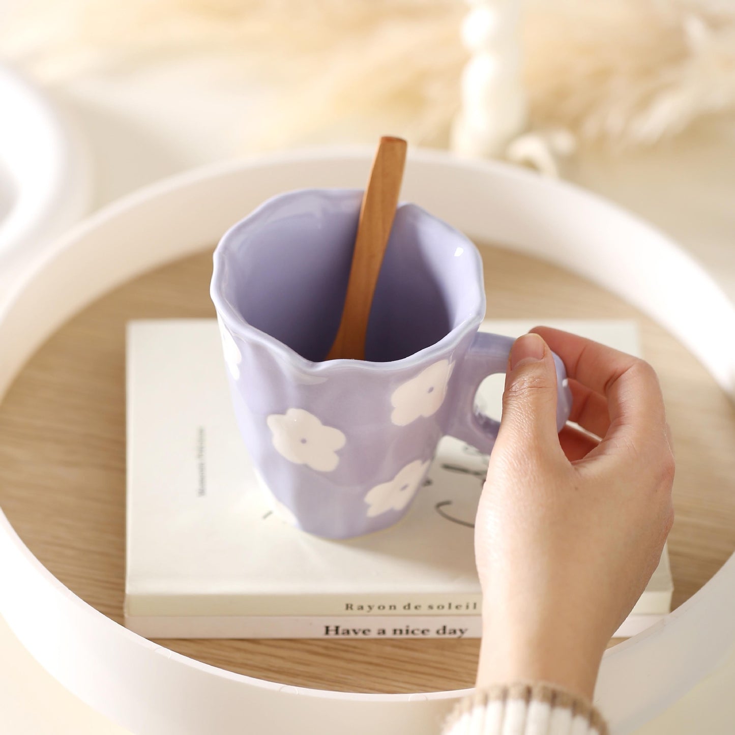 Everyday joy ceramic mug - small purple flower