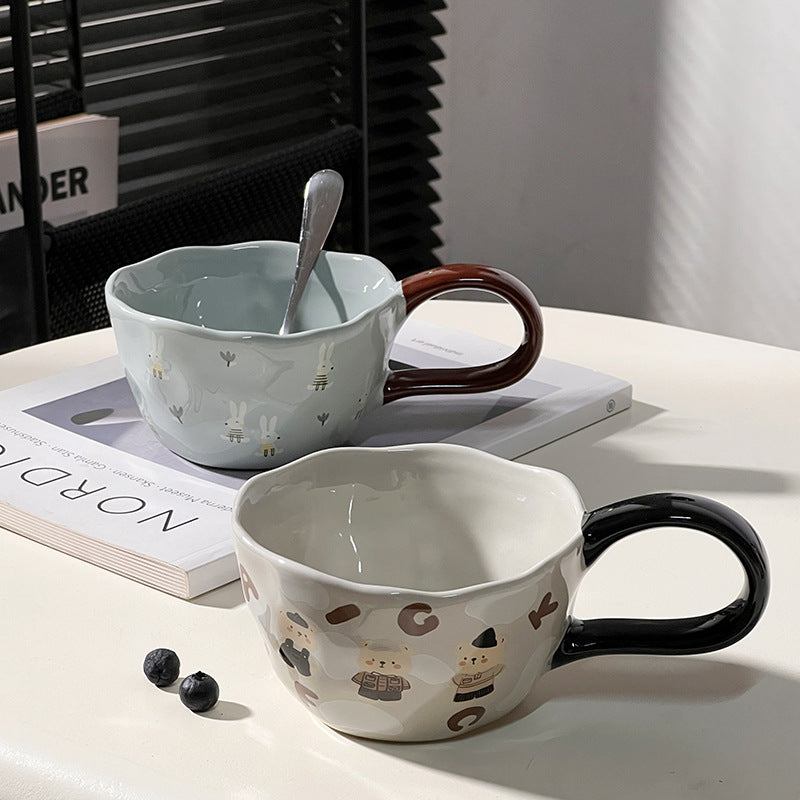 Cute Illustrated Ceramic Coffee Cups - blue and grey