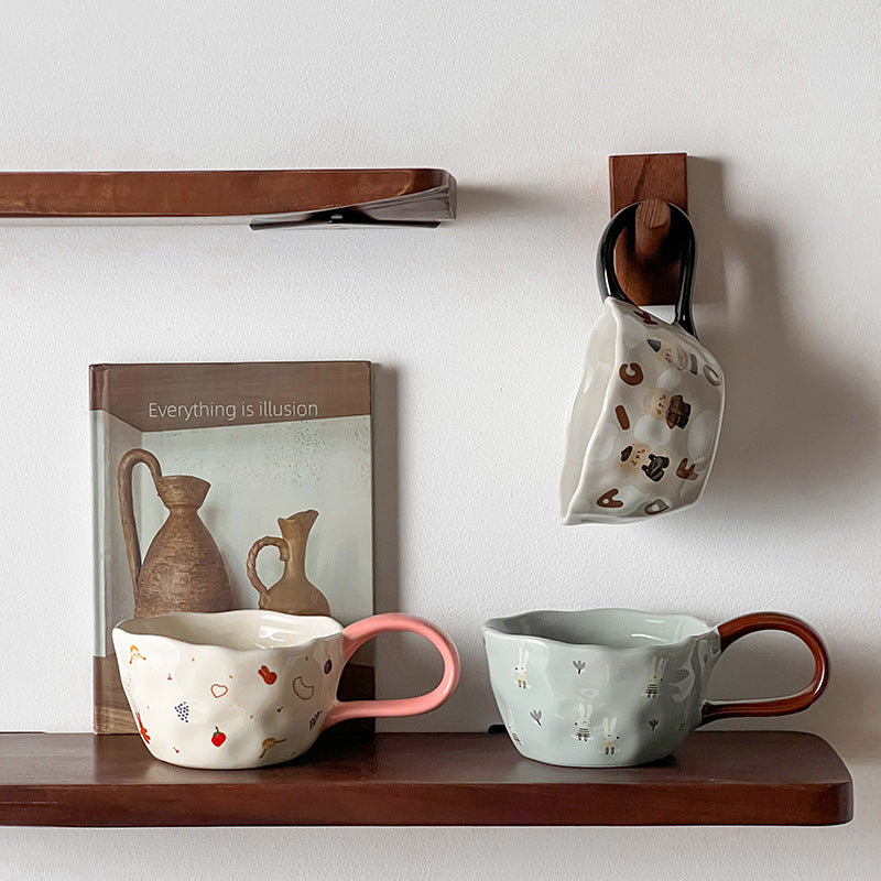 Cute Illustrated Ceramic Coffee Cups - blue, grey and white
