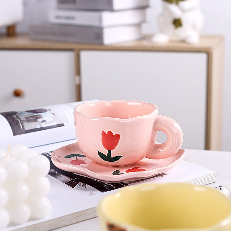 Colorful teatime cup and saucer - pink tulips