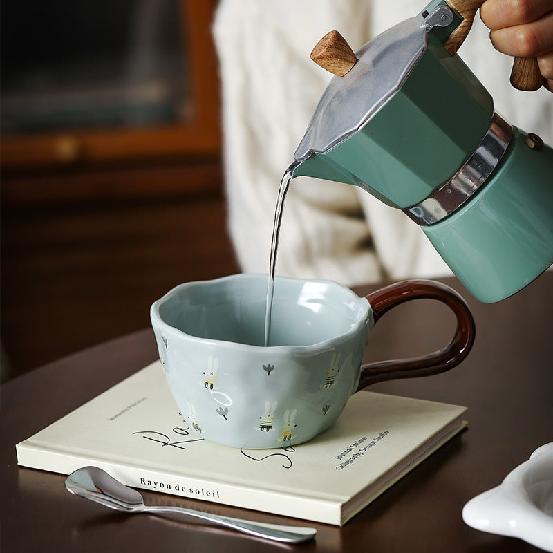 Cute Illustrated Ceramic Coffee Cups - blue bunny