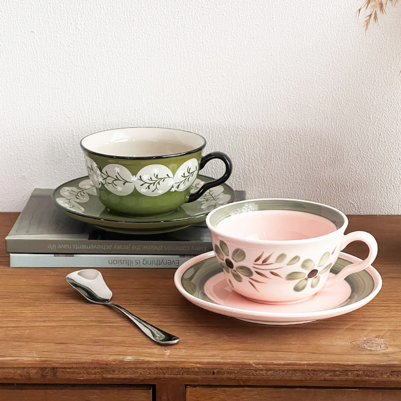 Vintage Botanical Coffee Cups - mossy and floral cup top view